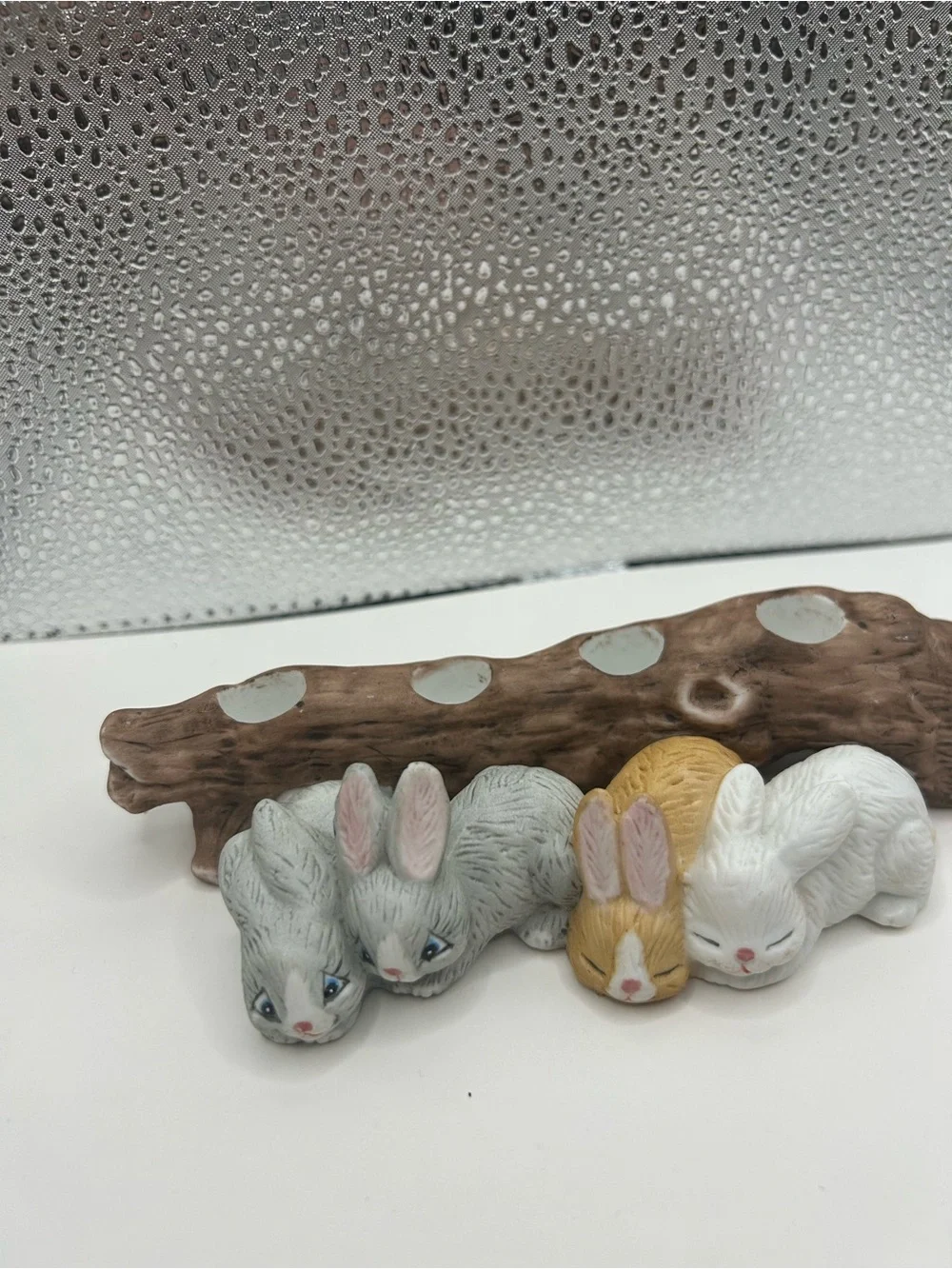 Vintage 1986 WNS Taiwan porcelain candle holder hand-painted bunnies Rustic Log